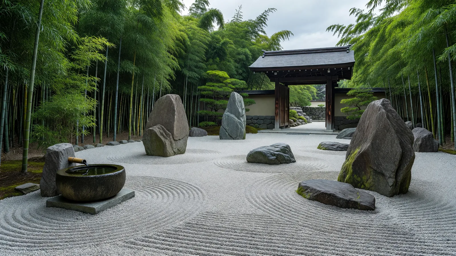 石庭の水鉢とエントランス